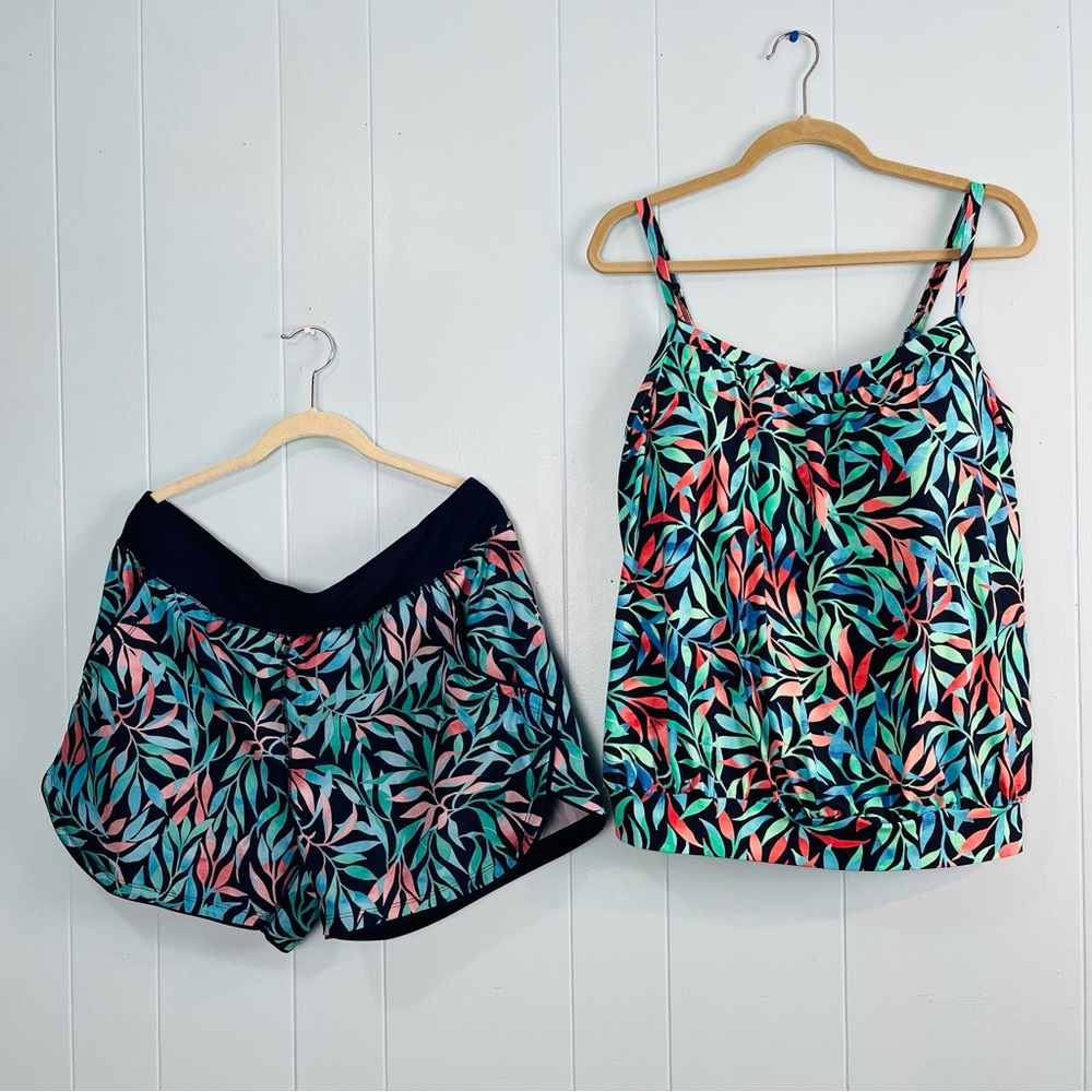Lands’ End Tankini Sz 14P Shorts Sz 16P Swimsuit Set Blue Tropical Padded Modest